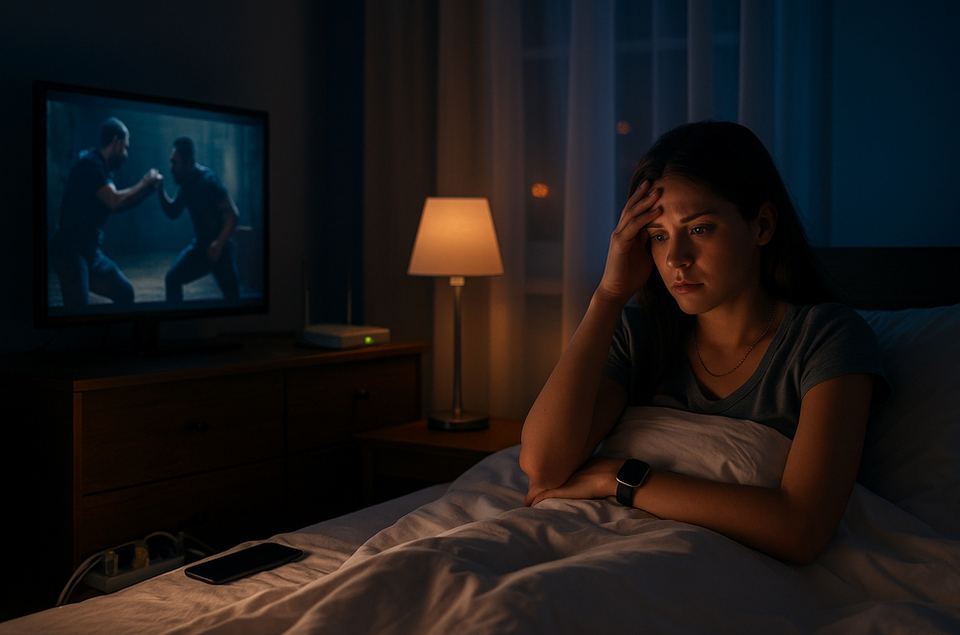 Fiatal nő nem tud aludni, okosóra, wifi, LED-fény, mobil és TV zavarja az éjszakáját